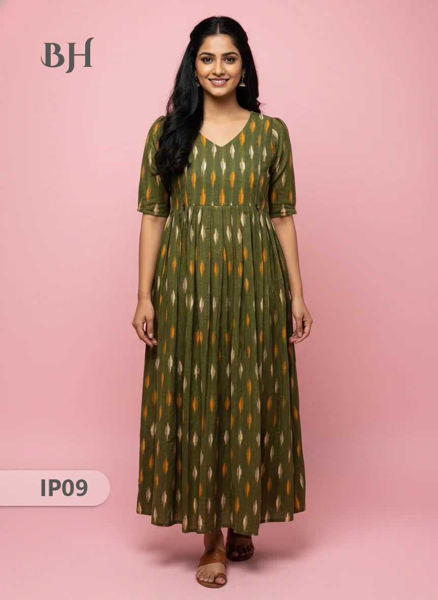 Pochampally Ikkath Feeding Frock – Green Cotton Frock with Half Lining