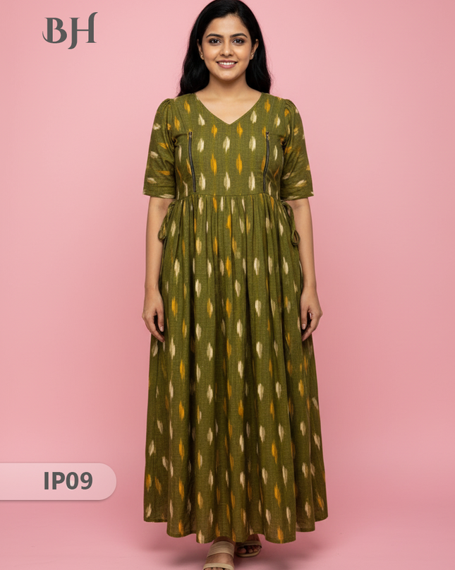 Pochampally Ikkath Feeding Frock – Green Cotton Frock with Half Lining