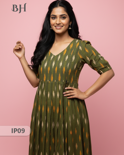 Pochampally Ikkath Feeding Frock – Green Cotton Frock with Half Lining