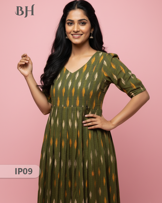 Pochampally Ikkath Feeding Frock – Green Cotton Frock with Half Lining