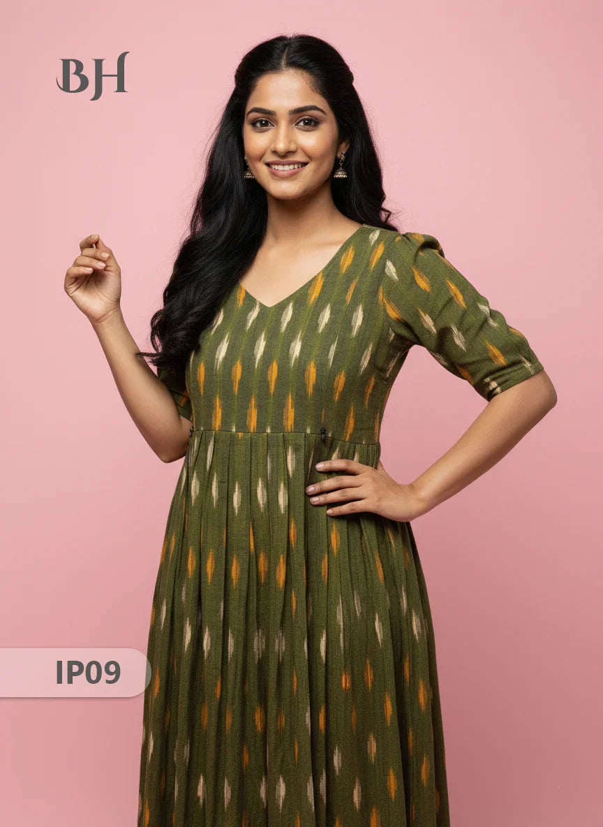 Pochampally Ikkath Feeding Frock – Green Cotton Frock with Half Lining