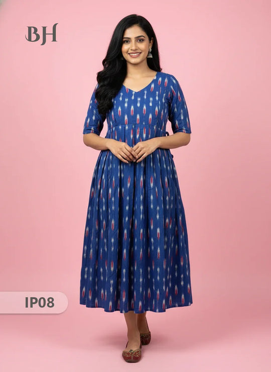Pochampally Ikkath Feeding Frock – Blue Cotton Frock with Half Lining