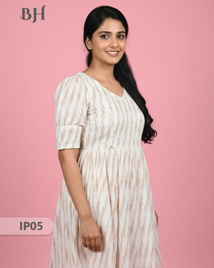 Pochampally Ikkath Feeding Frock – White Cotton Frock with Half Lining