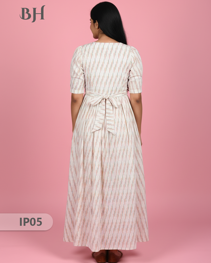 Pochampally Ikkath Feeding Frock – White Cotton Frock with Half Lining