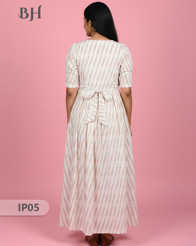 Pochampally Ikkath Feeding Frock – White Cotton Frock with Half Lining