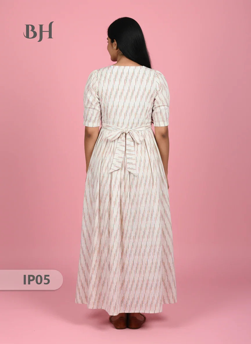 Pochampally Ikkath Feeding Frock – White Cotton Frock with Half Lining
