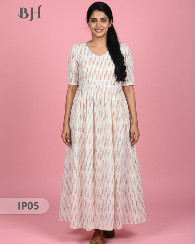 Pochampally Ikkath Feeding Frock – White Cotton Frock with Half Lining
