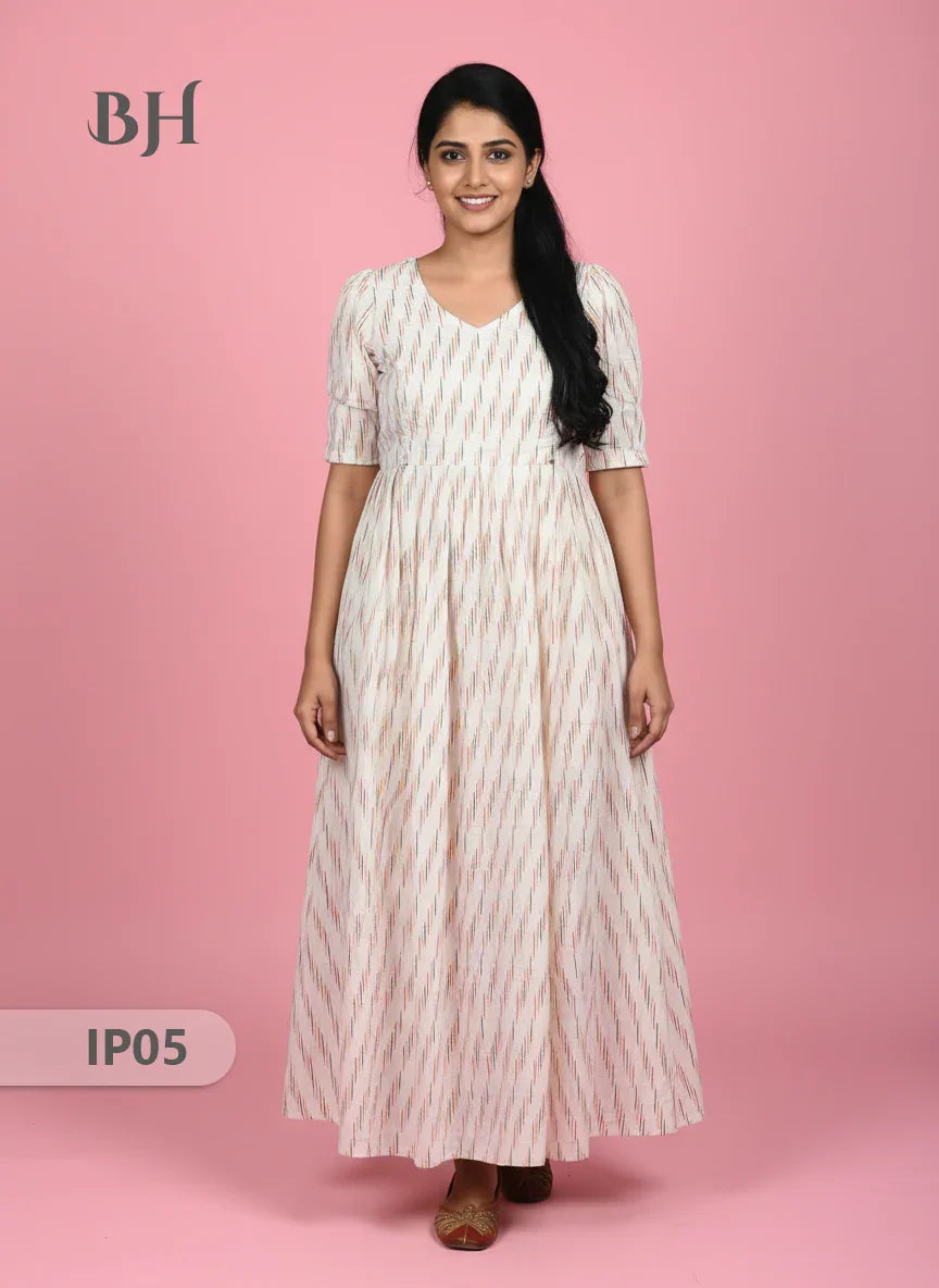 Pochampally Ikkath Feeding Frock – White Cotton Frock with Half Lining