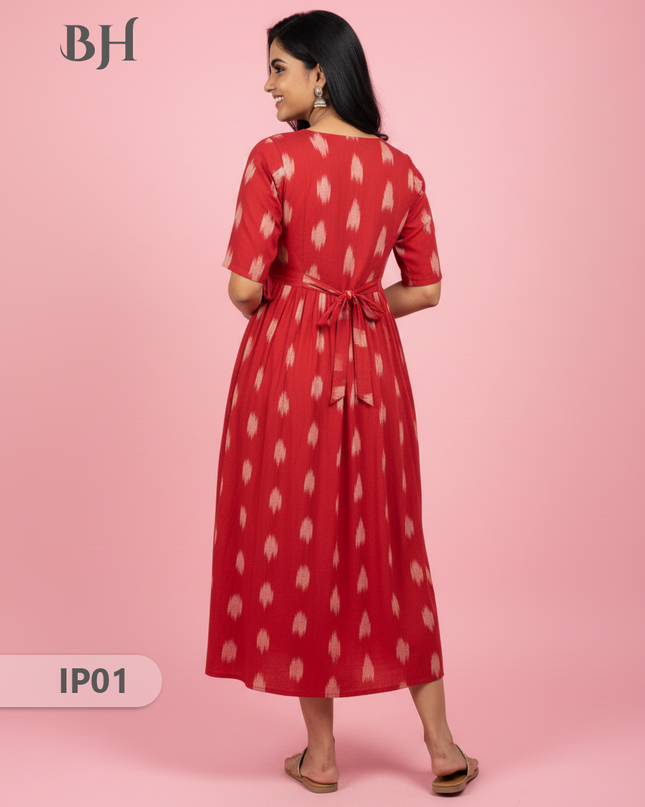 Pochampally Ikkath Feeding Frock – Red Cotton Frock with Half Lining