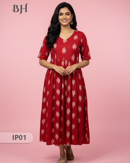 Pochampally Ikkath Feeding Frock – Red Cotton Frock with Half Lining