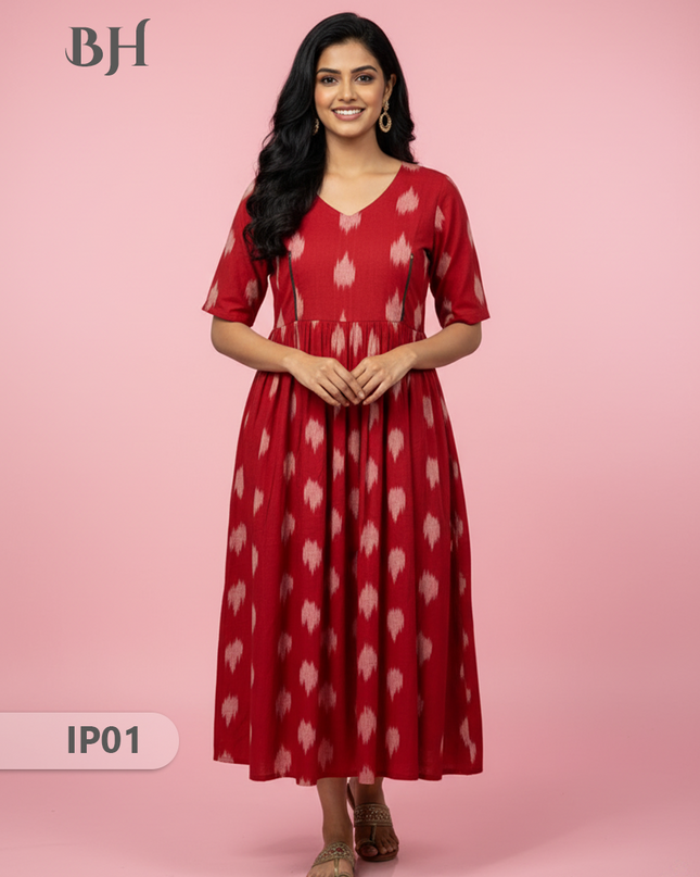 Pochampally Ikkath Feeding Frock – Red Cotton Frock with Half Lining