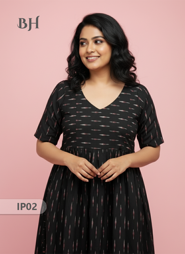 Pochampally Ikkath Feeding Frock – Black Cotton Frock with Half Lining
