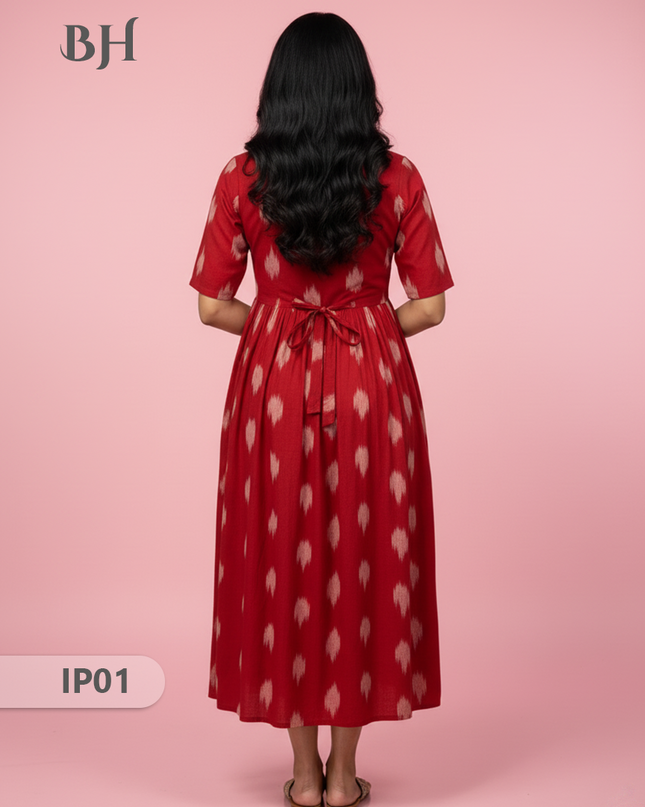 Pochampally Ikkath Feeding Frock – Red Cotton Frock with Half Lining