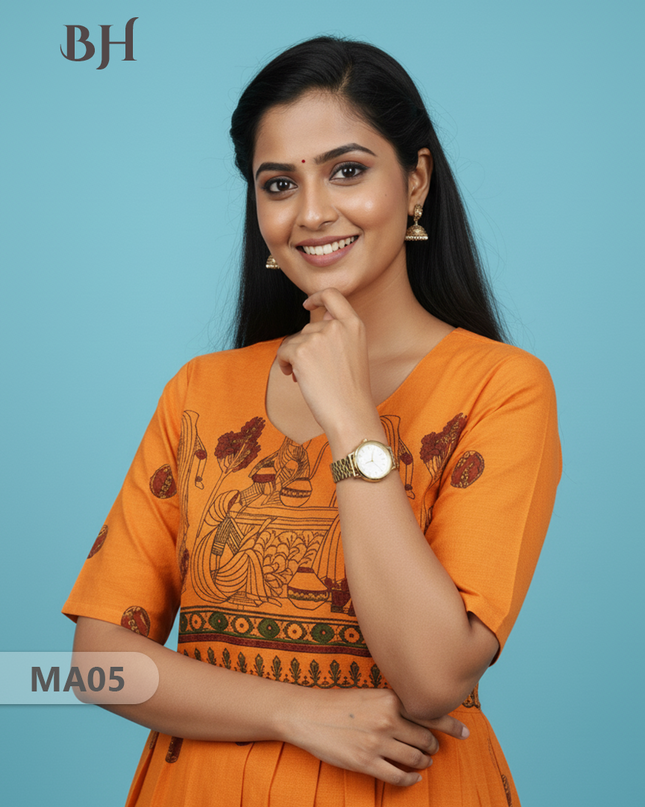 Gollabama Printed Cotton Frock for Women – Orange Ethnic Dress | Bhavana Handlooms