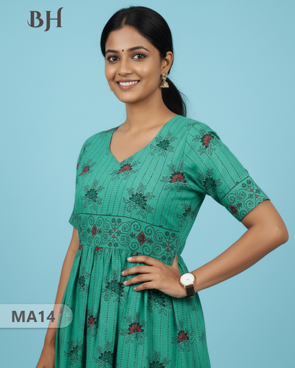 Floral Printed Cotton Frock for Women – Emrold Green Dress | Bhavana Handlooms