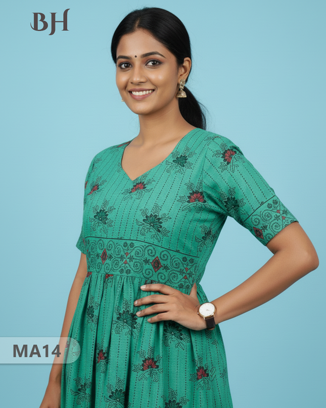 Floral Printed Cotton Frock for Women – Emrold Green Dress | Bhavana Handlooms