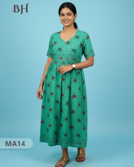 Floral Printed Cotton Frock for Women – Emrold Green Dress | Bhavana Handlooms