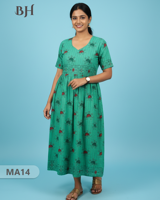 Floral Printed Cotton Frock for Women – Emrold Green Dress | Bhavana Handlooms