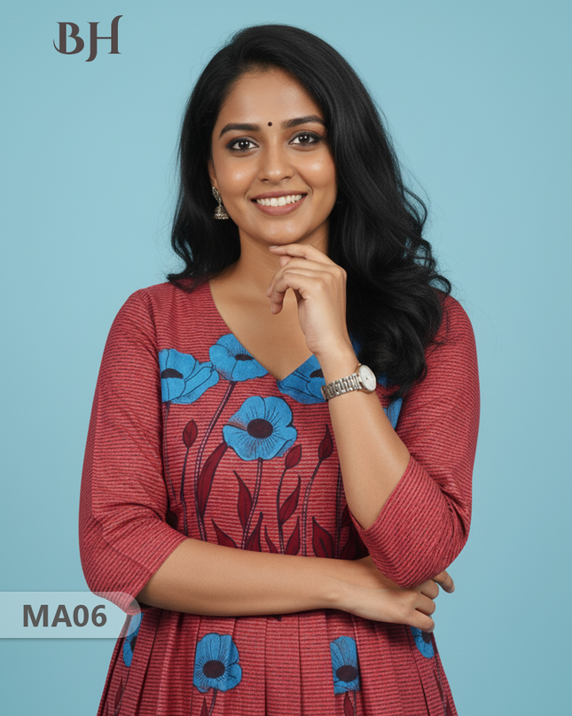 Floral Printed Cotton Frock for Women – Pink Dress | Bhavana Handlooms