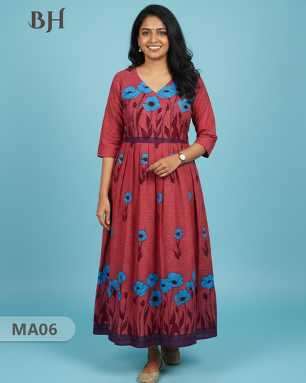 Floral Printed Cotton Frock for Women – Pink Dress | Bhavana Handlooms