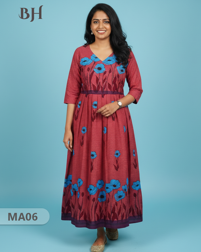 Floral Printed Cotton Frock for Women – Pink Dress | Bhavana Handlooms