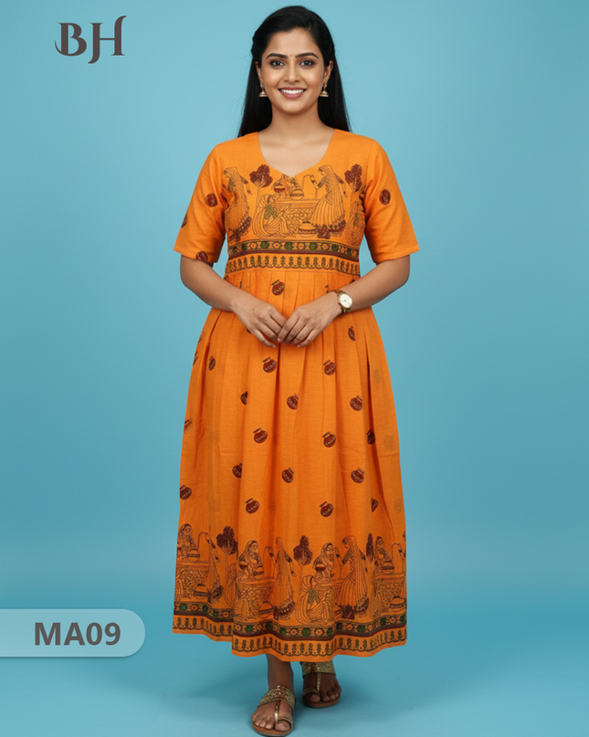 Gollabama Printed Cotton Frock for Women – Orange Ethnic Dress | Bhavana Handlooms