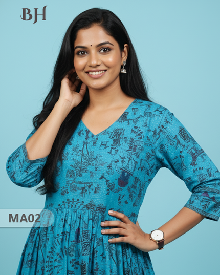Sky Blue Floral Printed Cotton Frock for Women – Casual Wear | Bhavana Handlooms