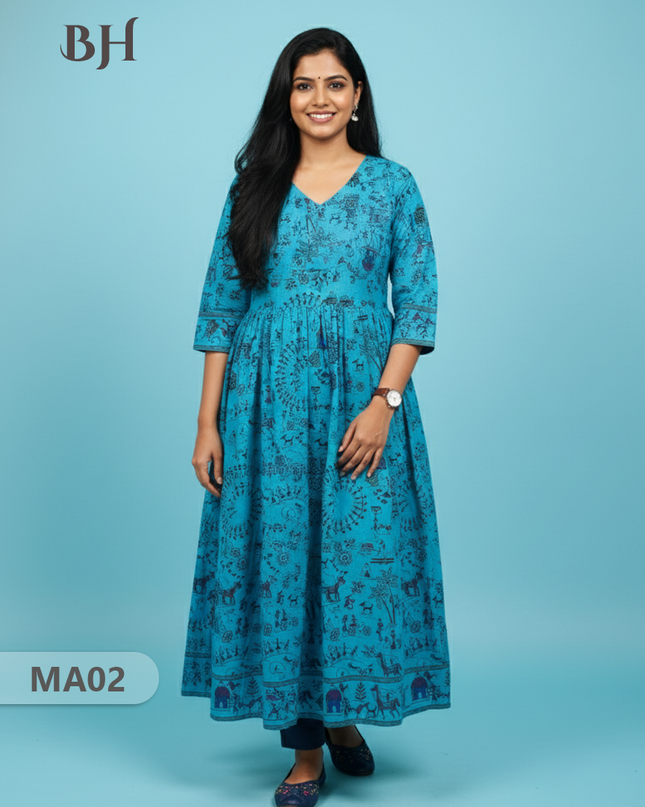 Sky Blue Floral Printed Cotton Frock for Women – Casual Wear | Bhavana Handlooms