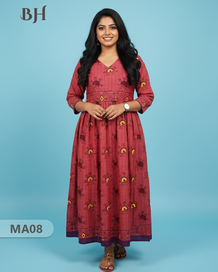 Pink Floral Printed Cotton Frock for Women – Casual Wear | Bhavana Handlooms