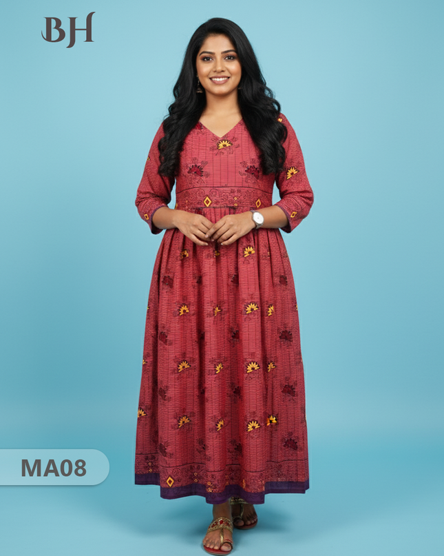 Pink Floral Printed Cotton Frock for Women – Casual Wear | Bhavana Handlooms