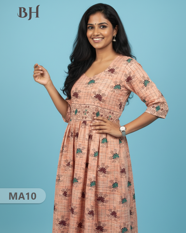 Peach Floral Printed Cotton Frock for Women – Casual Wear | Bhavana Handlooms