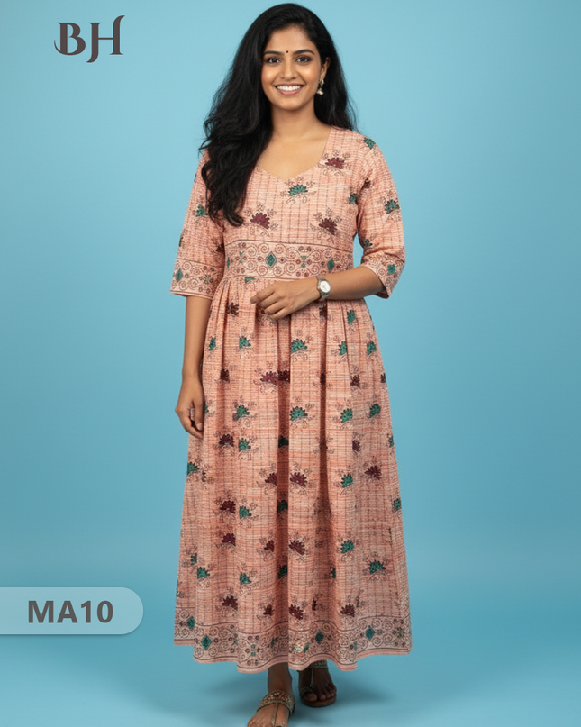 Peach Floral Printed Cotton Frock for Women – Casual Wear | Bhavana Handlooms