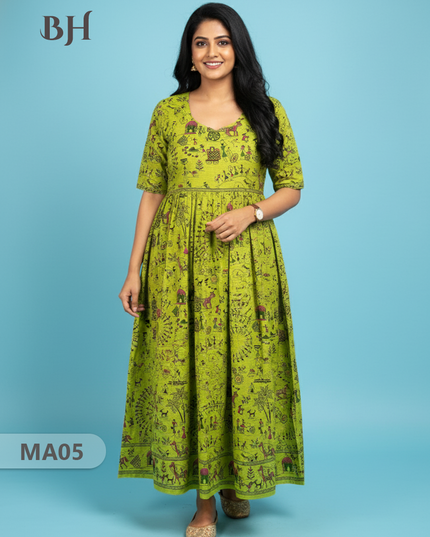 Banana Green  Floral Printed Cotton Frock for Women – Casual Wear | Bhavana Handlooms