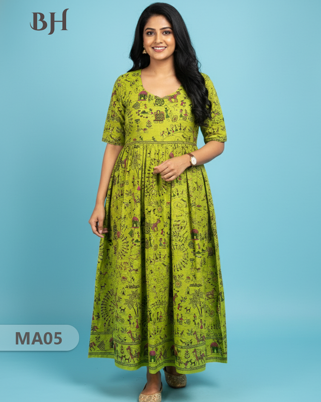 Banana Green  Floral Printed Cotton Frock for Women – Casual Wear | Bhavana Handlooms