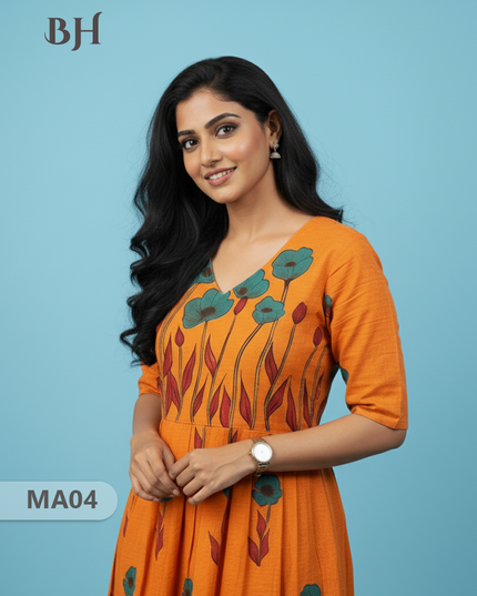 Orange Floral Printed Cotton Frock for Women – Casual Wear | Bhavana Handlooms