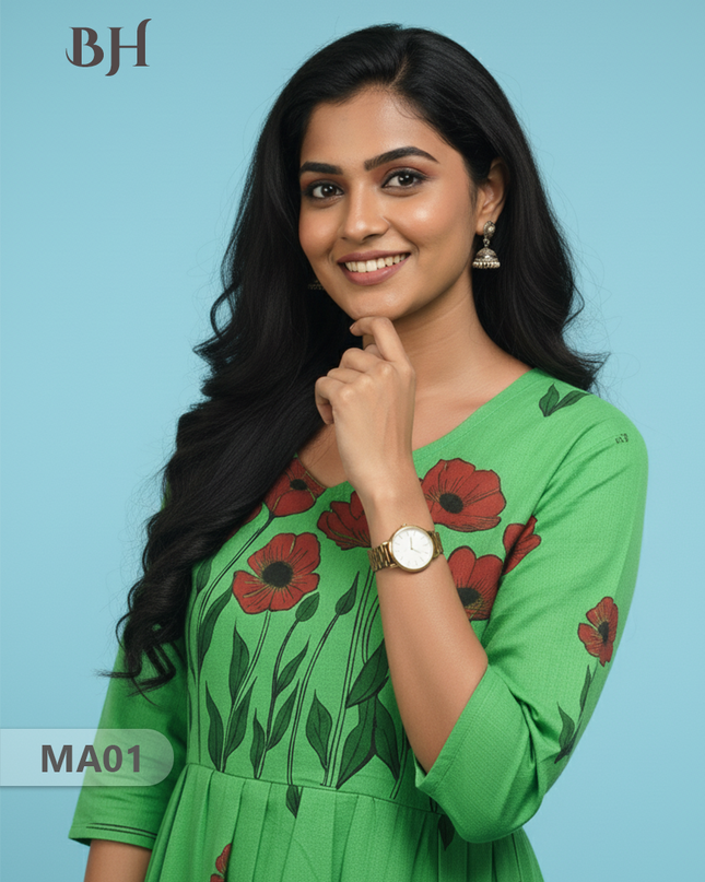 Green Floral Cotton Frock for Women – Printed Ethnic Dress | Bhavana Handlooms