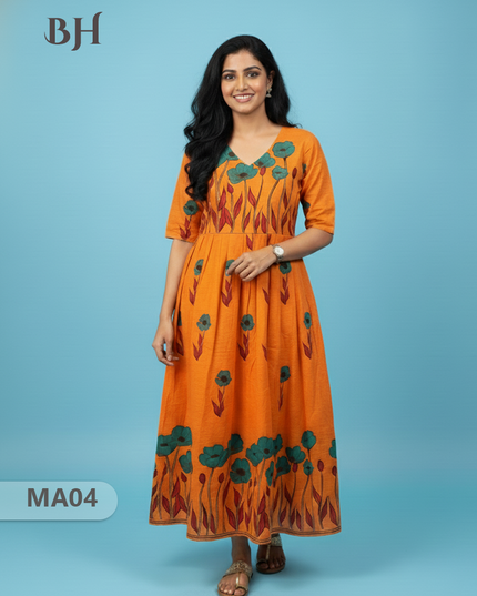 Orange Floral Printed Cotton Frock for Women – Casual Wear | Bhavana Handlooms