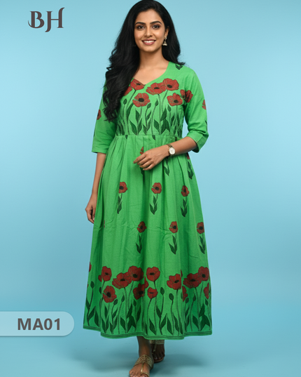 Green Floral Cotton Frock for Women – Printed Ethnic Dress | Bhavana Handlooms