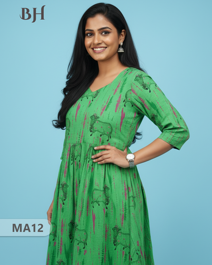 Green Cow Design Cotton Frock for Women – Printed Casual Wear | Bhavana Handlooms