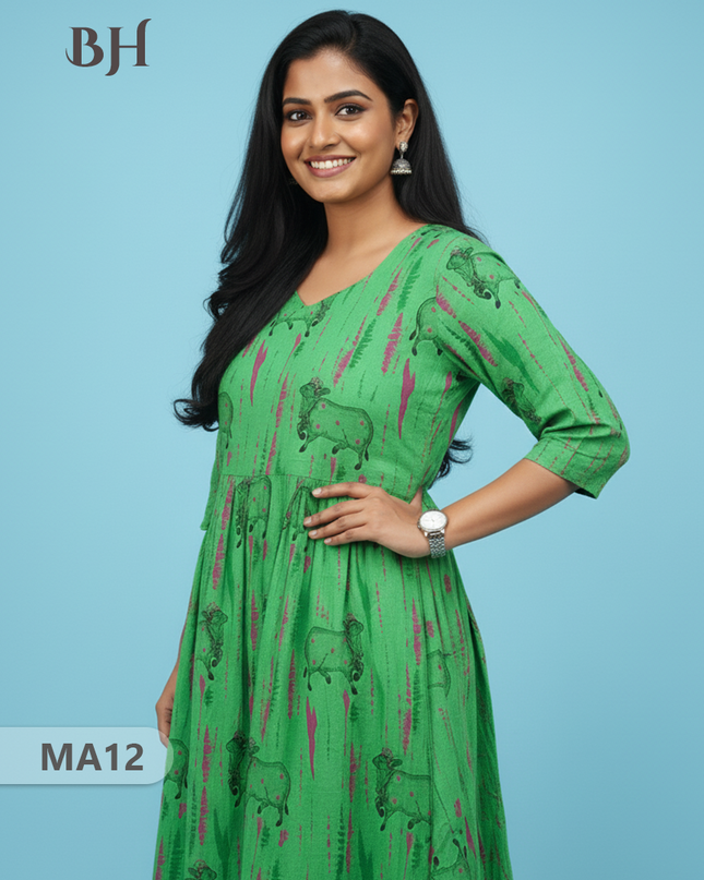 Green Cow Design Cotton Frock for Women – Printed Casual Wear | Bhavana Handlooms