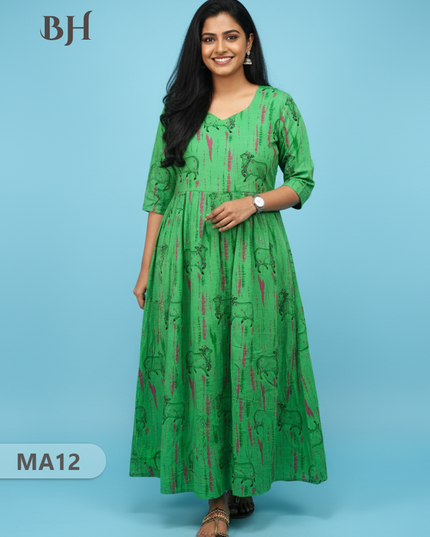Green Cow Design Cotton Frock for Women – Printed Casual Wear | Bhavana Handlooms