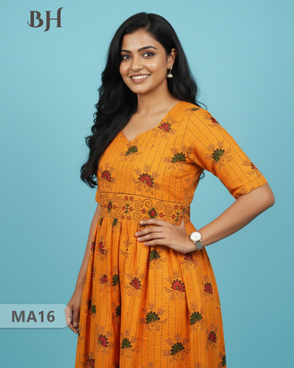 Orange Floral Printed Cotton Frock for Women – Casual Wear | Bhavana Handlooms