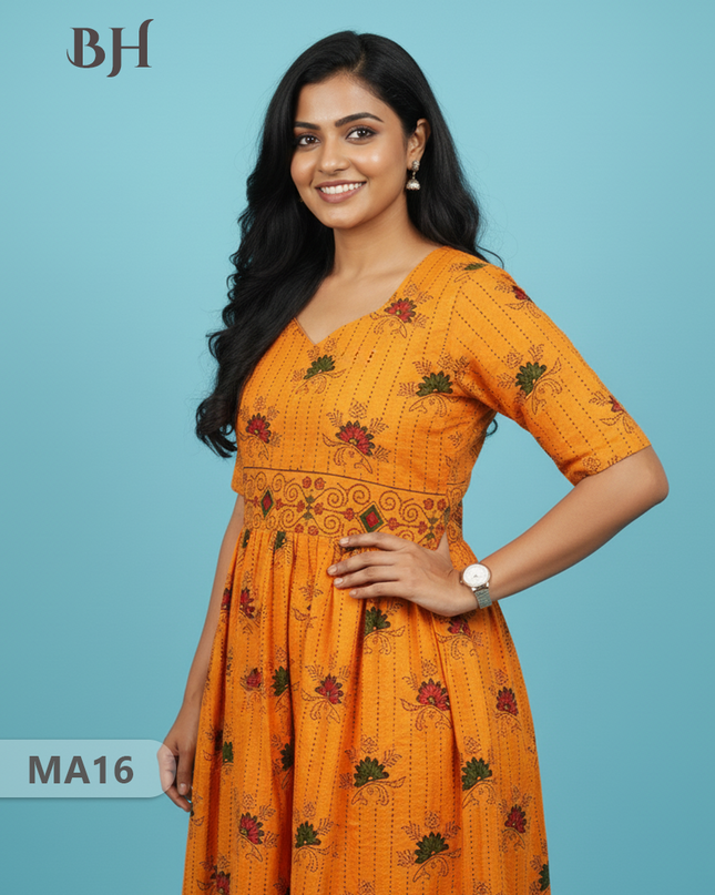 Orange Floral Printed Cotton Frock for Women – Casual Wear | Bhavana Handlooms