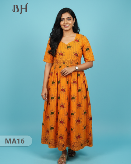 Orange Floral Printed Cotton Frock for Women – Casual Wear | Bhavana Handlooms