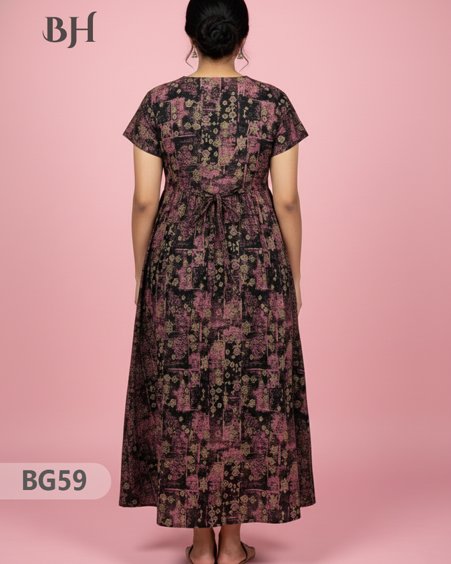 Cotton Frock Nighty with Knot & Pocket | Comfortable Free Size Nightwear