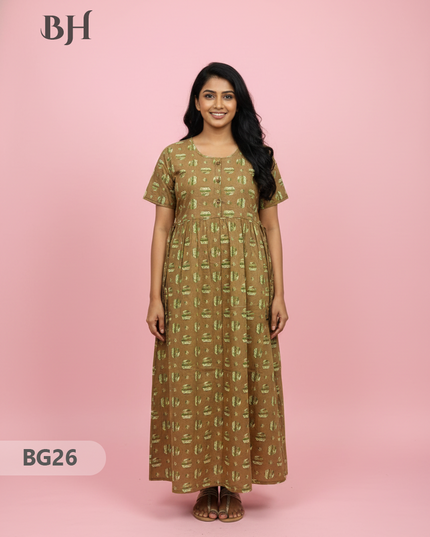 Cotton Frock Nighty with Knot & Pocket | Comfortable Free Size Nightwear