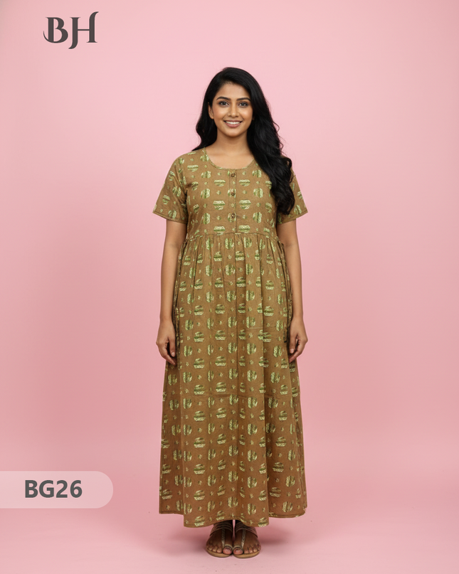 Cotton Frock Nighty with Knot & Pocket | Comfortable Free Size Nightwear