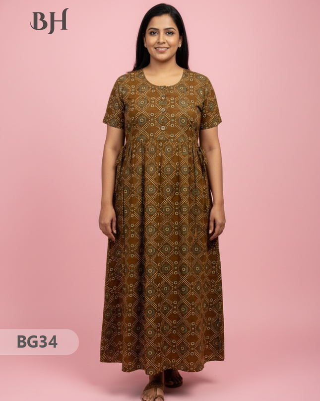 Cotton Frock Nighty with Knot & Pocket | Comfortable Free Size Nightwear