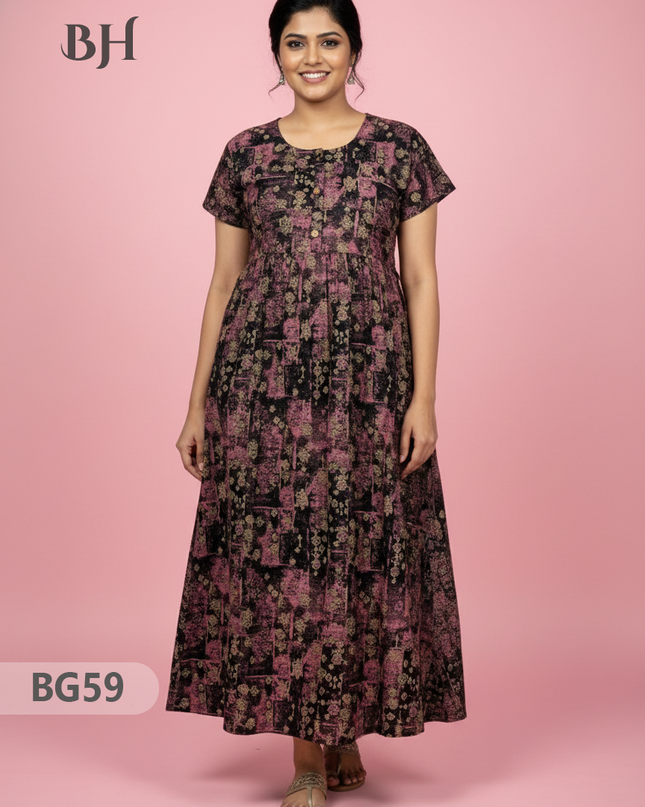 Cotton Frock Nighty with Knot & Pocket | Comfortable Free Size Nightwear