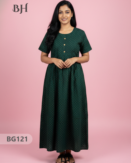 Cotton Frock Nighty with Knot & Pocket | Comfortable Free Size Nightwear